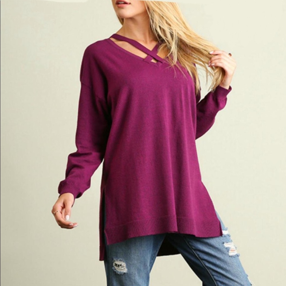 Umgee Burgundy V Neck Oversized Sweater Size Small